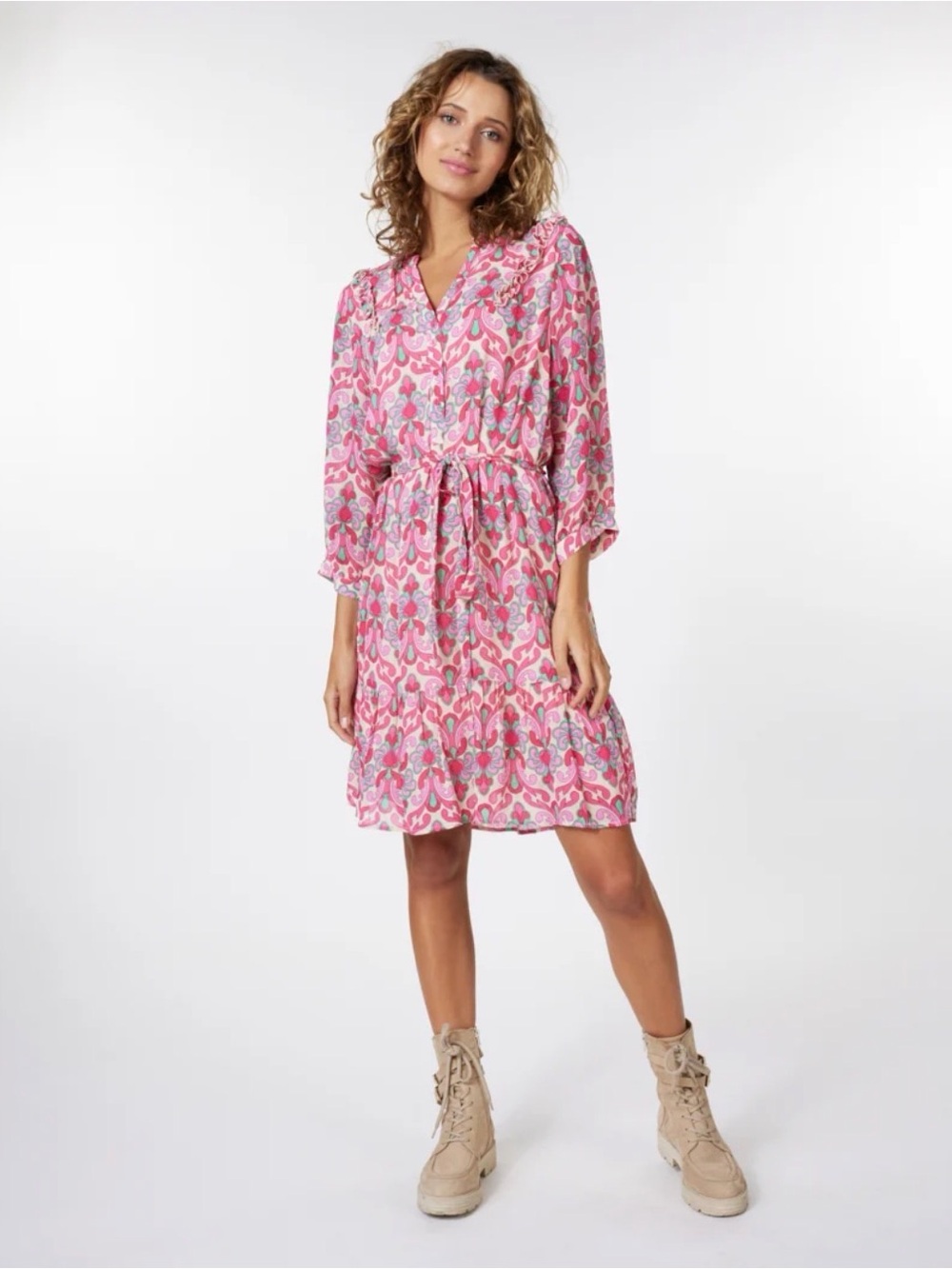 ESQUALO Pink and Green Patterned Wrap Dress